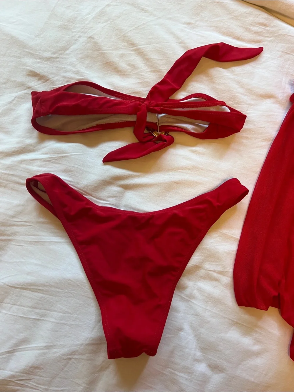 Zaful Red Bandeau Bikini Set with Gold Accent and Matching Sarong